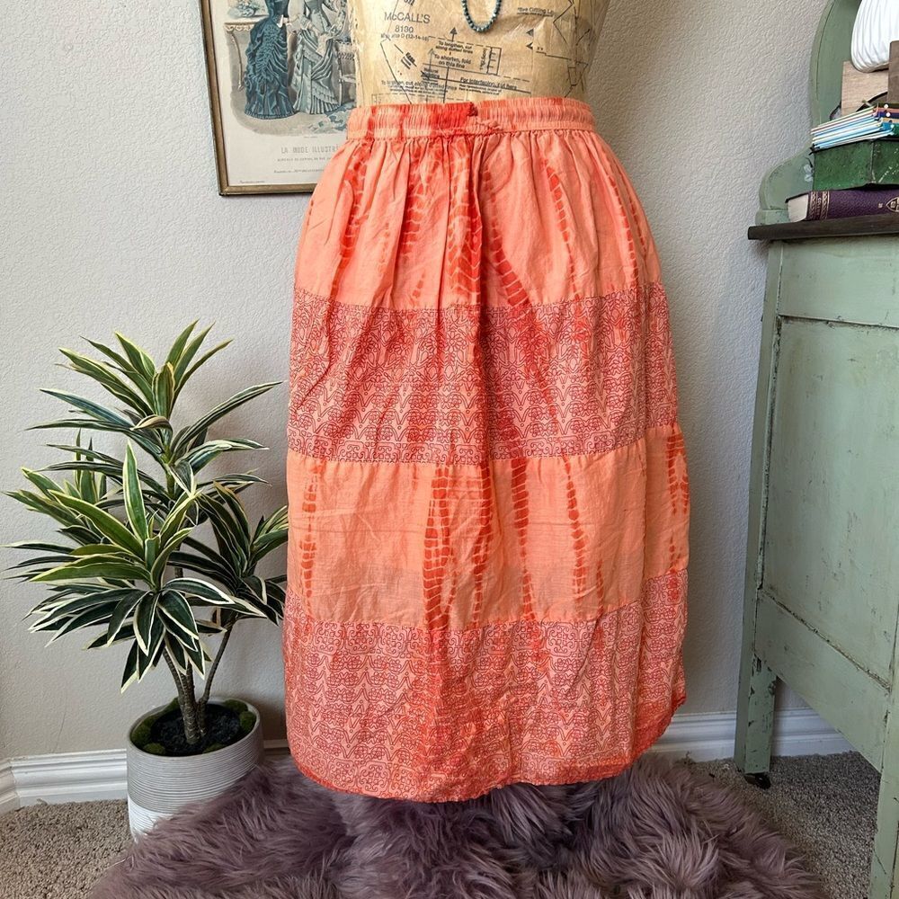 Kaaku Tie Dye Orange Floral Tiered MIDI Boho Tie Waist Free Size Skirt Hippie